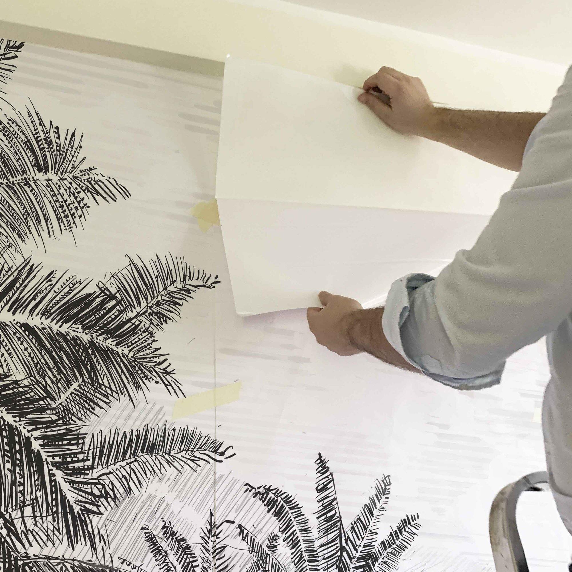 MURAL GRABADO DEL ALTIPLANO. Pintado a tinta por Gerardo Aranguren en colaboración con @alfombrasetnicas. Fondo blanco roto - vinilaroom