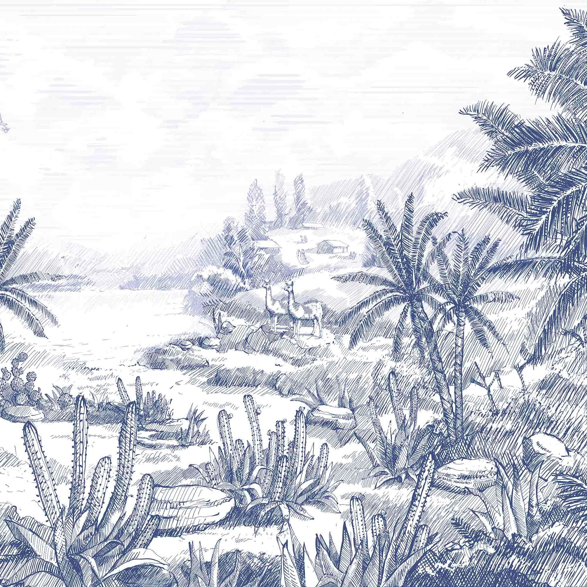 MURAL GRABADO DEL ALTIPLANO. Pintado a tinta por Gerardo Aranguren en colaboración con @alfombrasetnicas. Fondo blanco roto - vinilaroom