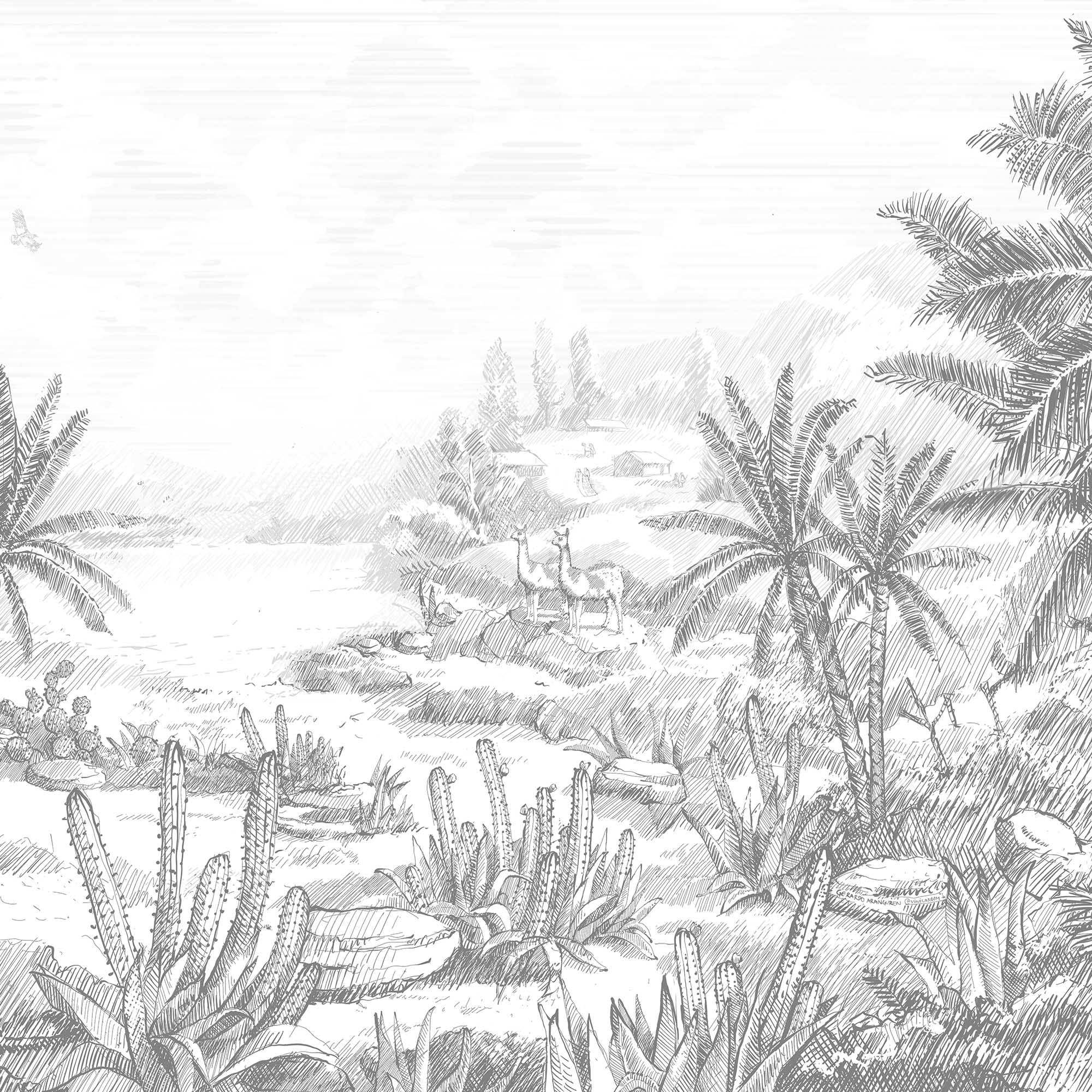 MURAL GRABADO DEL ALTIPLANO. Pintado a tinta por Gerardo Aranguren en colaboración con @alfombrasetnicas. Fondo blanco roto - vinilaroom