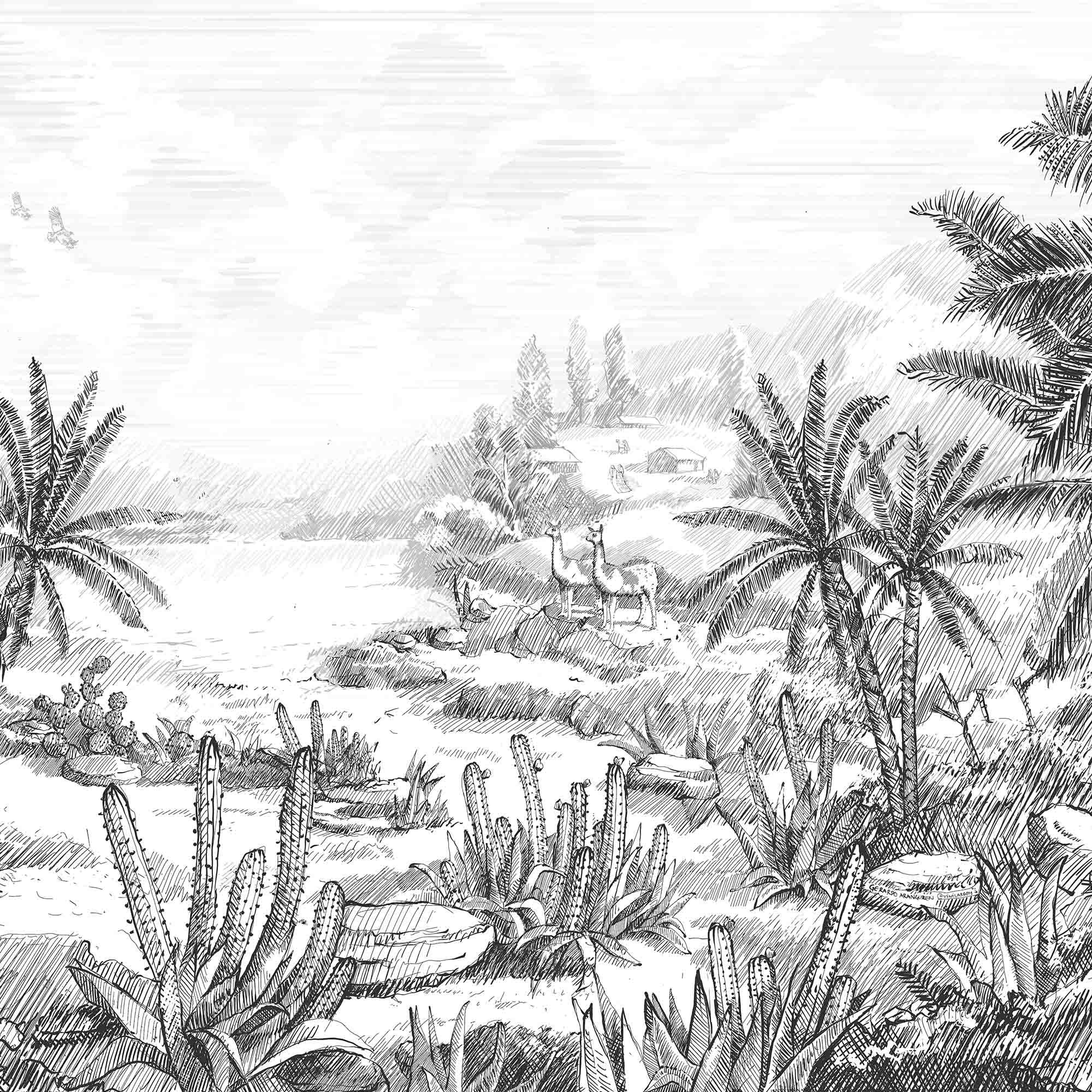 MURAL GRABADO DEL ALTIPLANO. Pintado a tinta por Gerardo Aranguren en colaboración con @alfombrasetnicas. Fondo blanco roto - vinilaroom