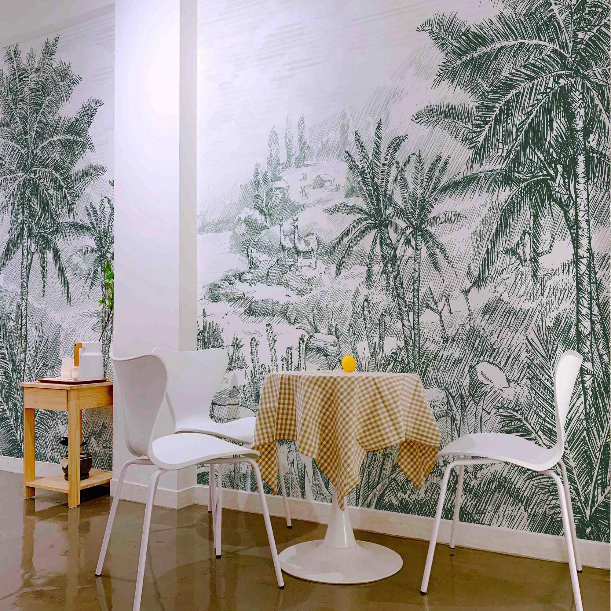 MURAL GRABADO DEL ALTIPLANO. Pintado a tinta por Gerardo Aranguren en colaboración con @alfombrasetnicas. Fondo blanco roto - vinilaroom