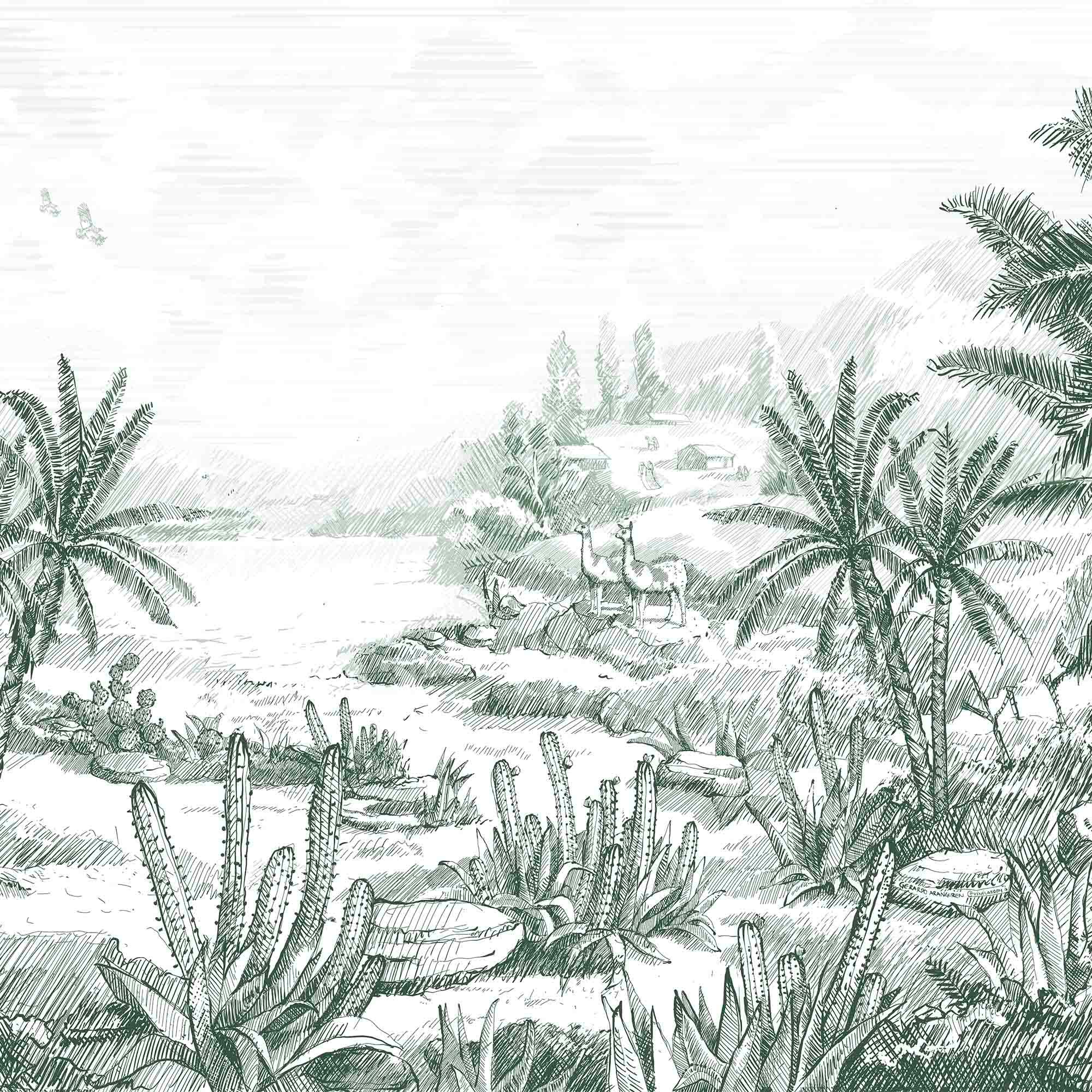 MURAL GRABADO DEL ALTIPLANO. Pintado a tinta por Gerardo Aranguren en colaboración con @alfombrasetnicas. Fondo blanco roto - vinilaroom