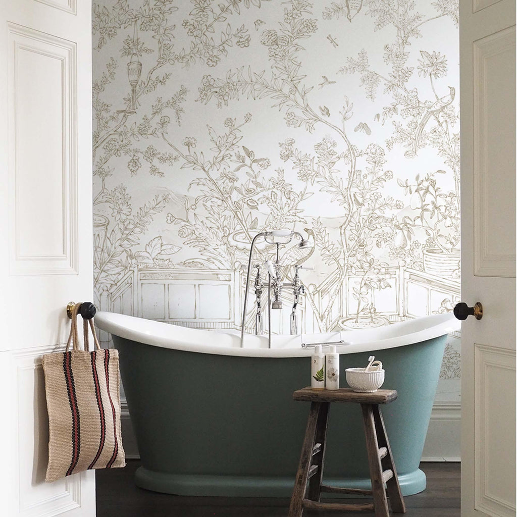 Clásico cuarto de baño interior limpio muebles de madera de acento plano  lienzo impresión mural de pared autoadhesivo despegar y pegar papel pintado