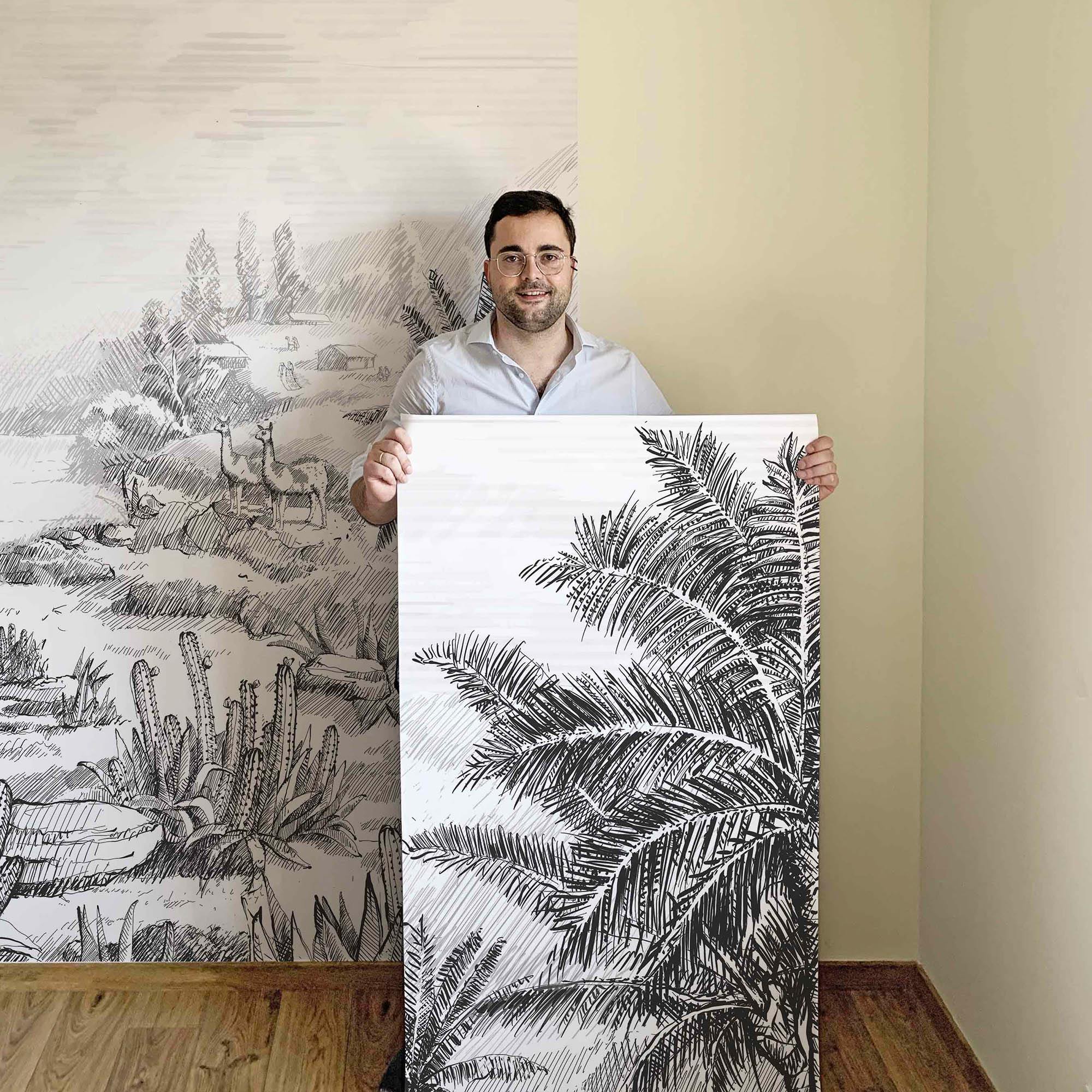 MURAL GRABADO DEL ALTIPLANO. Pintado a tinta por Gerardo Aranguren en colaboración con @alfombrasetnicas. Fondo blanco roto - vinilaroom