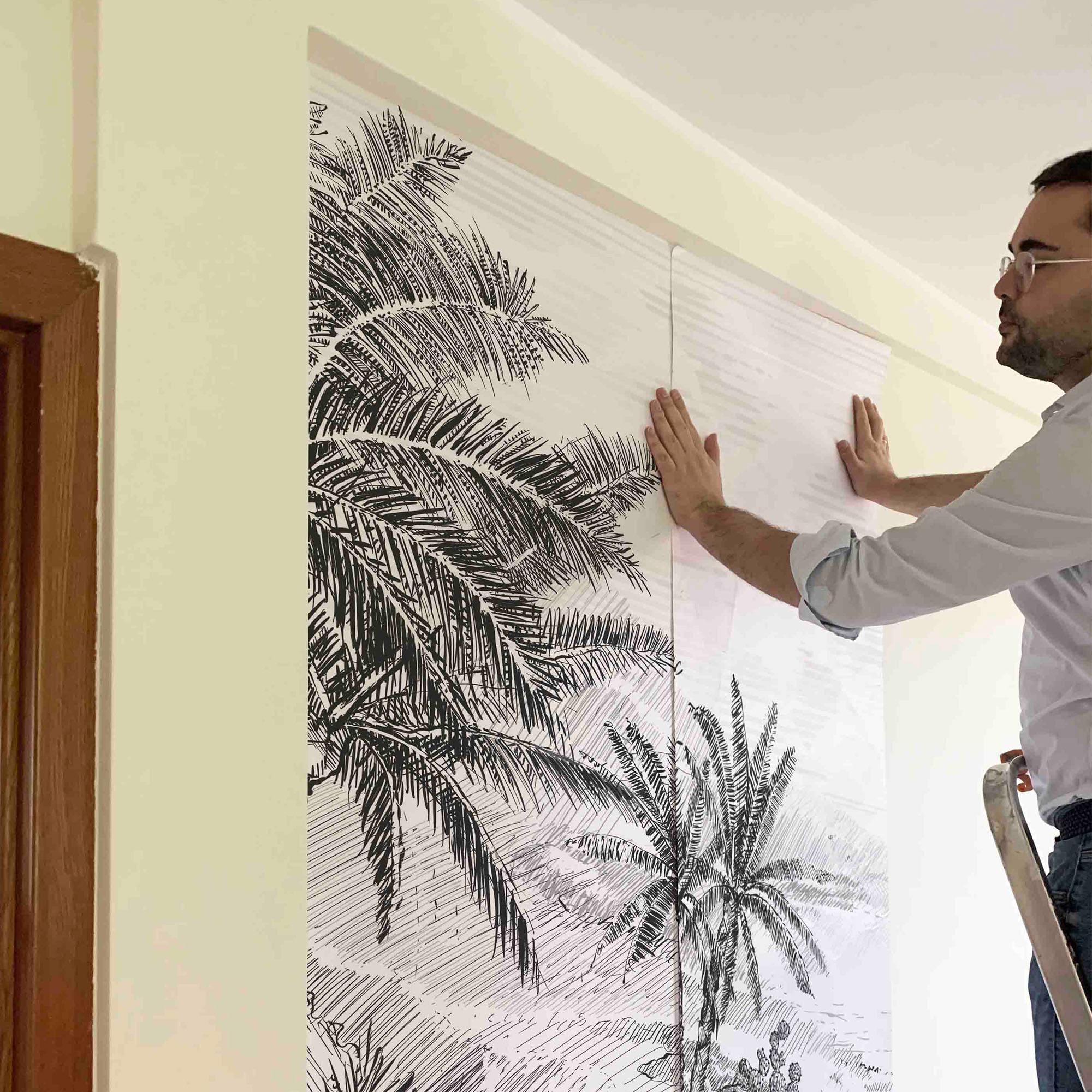 MURAL GRABADO DEL ALTIPLANO. Pintado a tinta por Gerardo Aranguren en colaboración con @alfombrasetnicas. Fondo blanco roto - vinilaroom